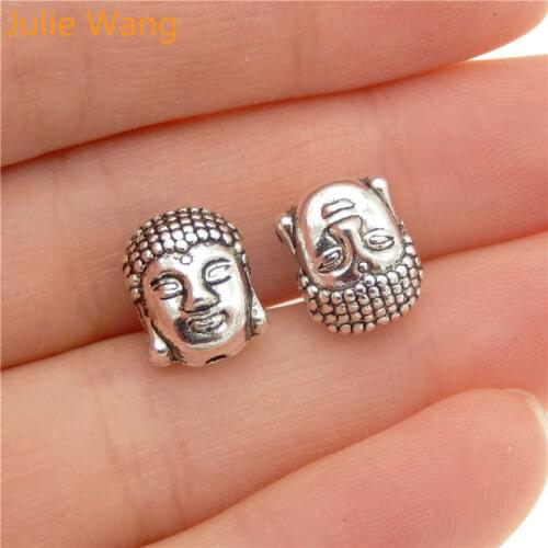 Julie Wang 5/10/20PCS Buddha Head Beads Alloy Antique Silver Color Spacer Beads Bracelet Necklace Pendant Jewelry Making