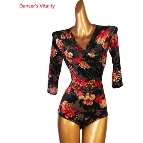 Latin Dance Onesies Profession Custom Female Adult Child Elegant Printing Body Suit Practice Clothes Half Sleeve Performance Top