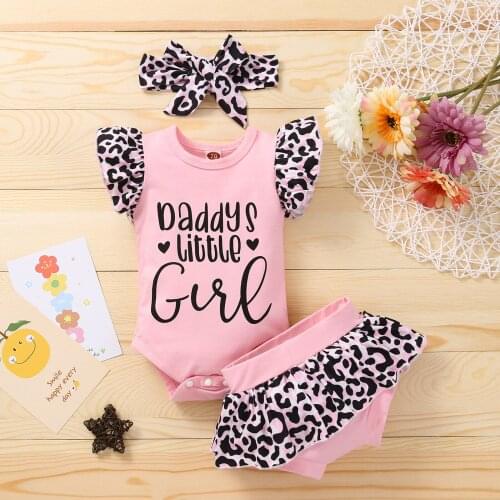 3pcs Summer Newborn Twins Clothes Baby Girl Clothing Letter Printed Flying Sleeves Romper+ Leopard Triangle Short Elastic Band