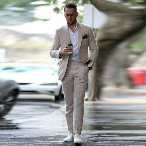 Linen Summer Men Suits 2019 Beach Wedding Slim Fit Groom Tuxedos Peaked Lapel Bridegroom Suits Best Man Costume Homme Blazer
