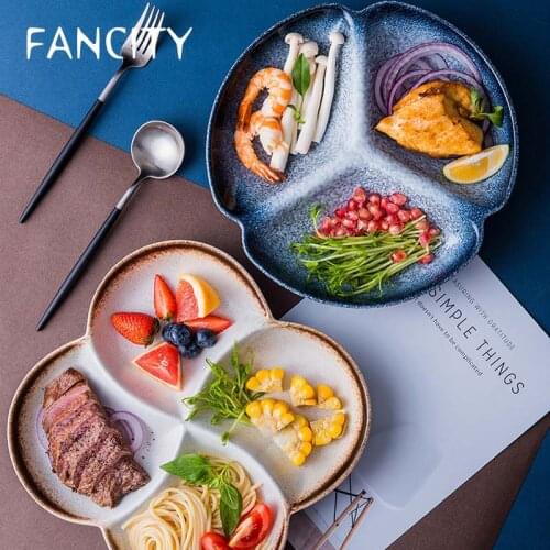 FANCITY Japanese-style dinner plate, ceramic compartment plate, household divider tableware, creative three-grid dish plate, fat