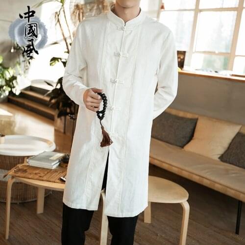5XL Chinese Style Clothing White Hanfu Mens Long Shaolin Uniform Ropa Tradicional China Kimono Mandarin Collar China Dress Linen