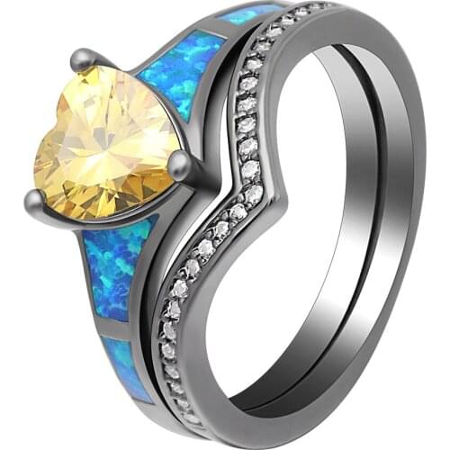 Luxury Fire Opal Ring Sets Love Heart Zircon Black Wedding And Engagement Ring For Women Multi Colorful CZ Princess Accessories