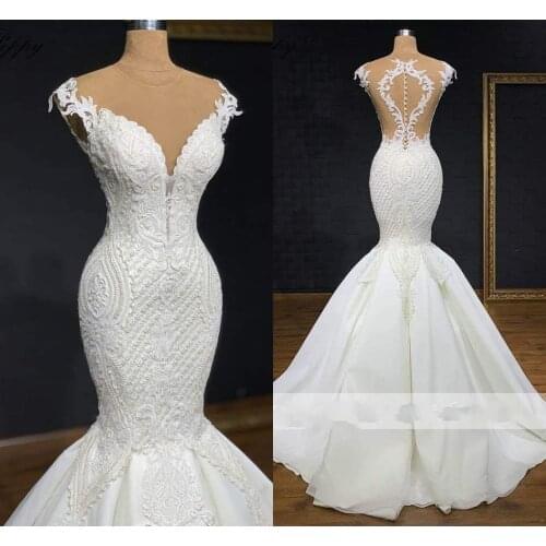 Luxury Beading Mermaid Wedding Dresses 2021 Lace Appliques Sleeveless Bridal Gowns Sweep Train Vestido De Mariee Customed