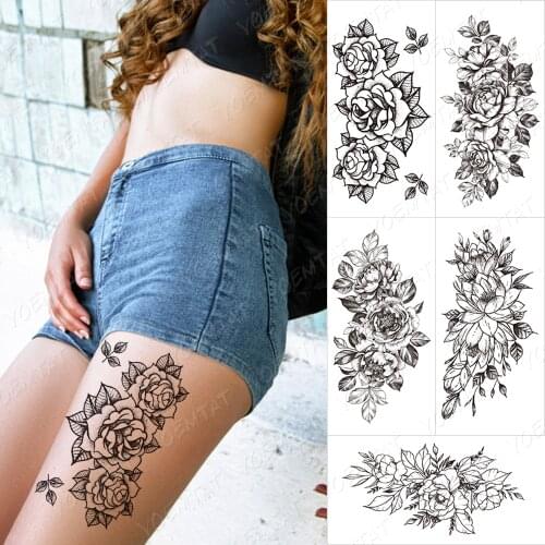 Rose Peony Flower Girls Transfer Temporary Tattoos Women Waterproof Black Tattoo Stickers 3D Blossom Lady Shoulder DIY Tatoos