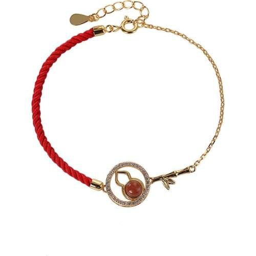 S925 sterling silver gold plated Nanjiang carnelian bracelet retro national trend gourd womens red rope hand strap bracelet