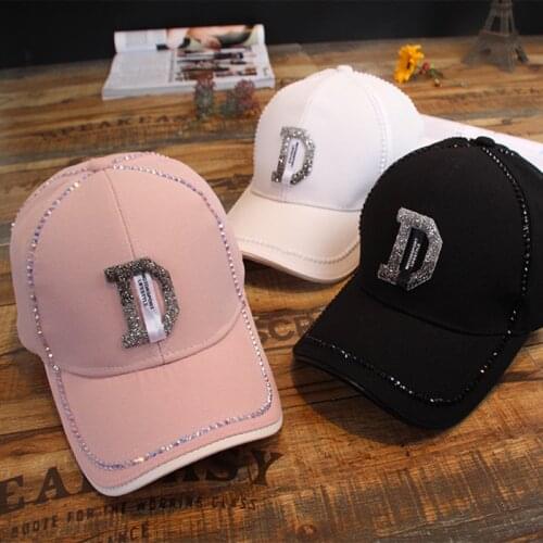 Rhinestones Women Baseball Cap Female Solid Outdoor Adjustable White Pink Black Embroidered Hip-hop Hats Summer Letter D Sunhat