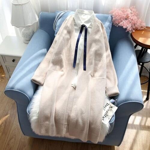 Knitted women sweater and cardigan 2019 winter solid pocket long knitted v-neck office lady female outwear coat tops
