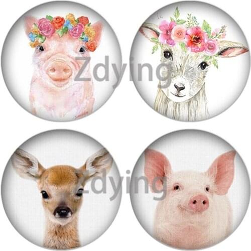 Zdying 10pcs Cute Animals Flower Pig Horse Fox Tiger Round Glass Cabochon Photo Dome DIY Pendant Charm Jewelry Findings