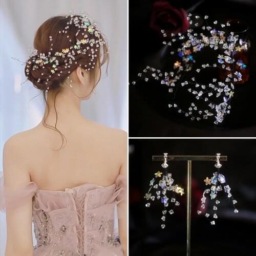 Star Tiara Wedding Headband Trendy Tiaras With Earrings Fashion Jewelry Headband For Women Triangular Bead Starry Hairband