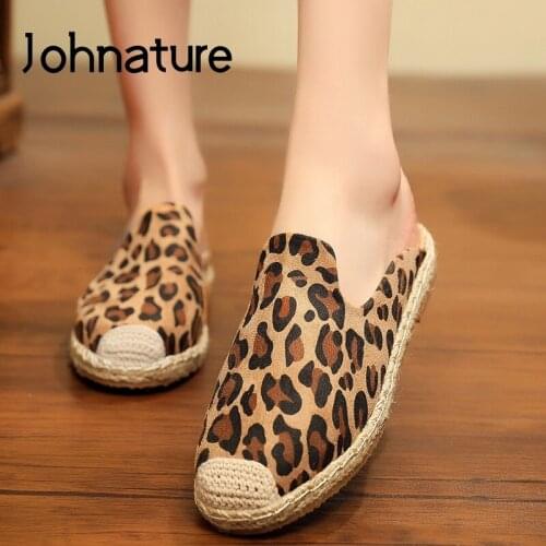 Johnature Women Slippers Summer Shoes 2021 New Hemp Outside Slides Leopard Leisure Flat With Handmade Comfortable Sewing Slipper