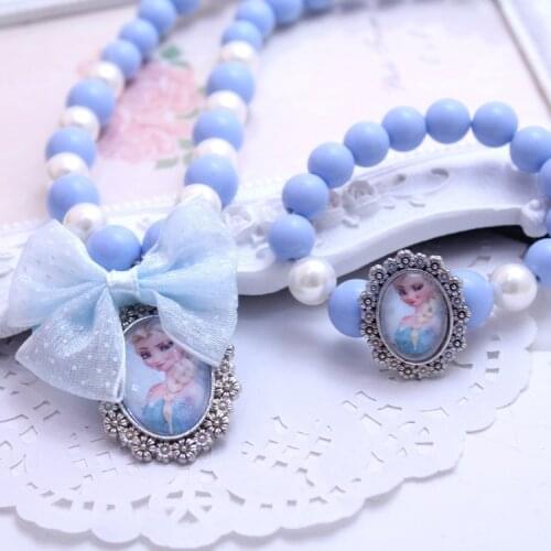 2pcs Disney Childrens Necklace Bracelet Frozen Jewelry Pendant Round Bead Sweater Chain Acrylic Jewelry elsa baby doll toys