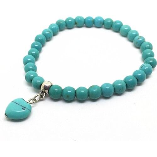 BEADZTALK Wholesale Blue Howlite 6 mm Round Stone Bead Elastic Heart Charm Bracelets For Women and Girls Gifts