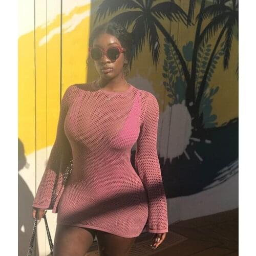 BKLD Women Sheer Mesh Dress Sexy Ladies Long Sleeve O-Neck Bodycon Mini Dress Clubwear Pink Female See-Through Dress 2020 New