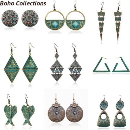 Bohemian Earrings Collection Retro Bronze Carved Flowers Geometry Round Triangle Feather Hollowed Female Charms Pendant Jewelry