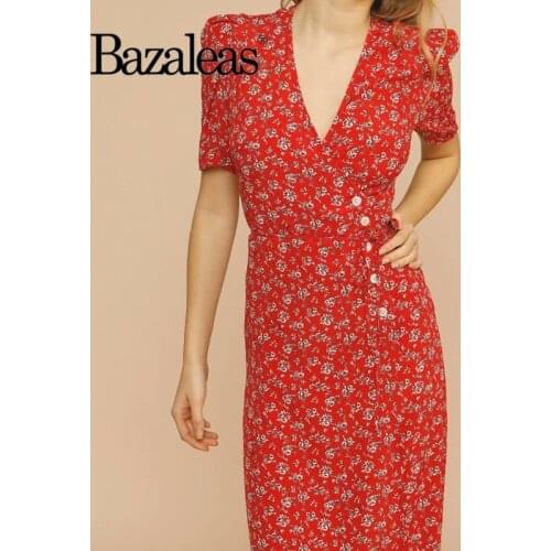 Bazaleas Elegant Chiffon Red Floral Print Side buttons Vestidos Retro short Sleeve wrap over Dress Vintage Midi Women Dresses