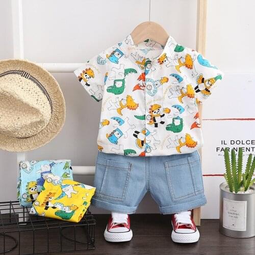 Baby boy clothes 0-4 years old summer shirt suit boy cartoon print casual fashion shirt + denim shorts baby boy 2-piece set