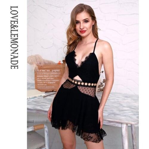 LOVE&LEMONADE Sexy Black V-Neck Open Back Lace Mesh Stitching A-Line Summer Dress LM81115-MINI