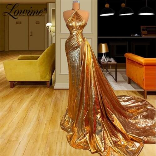 Lowime Gold High Split Hot Sexy Halter Long Prom Dresses 2021 Custom Mermaid Party Gowns Robe De Soirée Plus Size Evening Dress