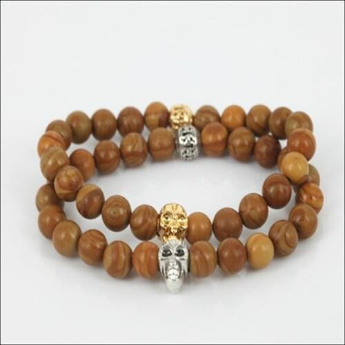 Beaded gold/silver color skull head men charm stretch bracelet natural 8mm Tree grain stone round gem stone beads women bracelet