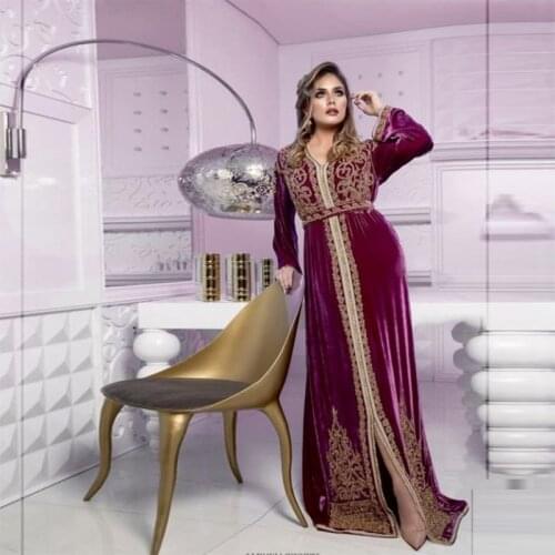Soft Velour Moroccan Kaftan Evening Dress Lace Appliques Islamic Evening Gowns Long Sleeves Arabian Dubai Muslim Prom Dresses