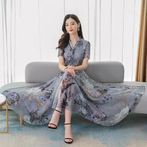 2021 Summer new dress short-sleeved chiffon print dress female slim slimming long skirt