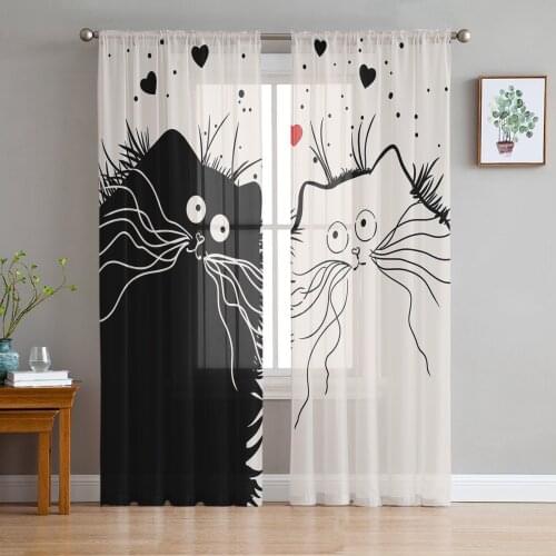 Black White Cat Sheer Curtains for Living Room Bedroom Kitchen Chiffon Tulle Curtains Home Hotel Coffee Decor