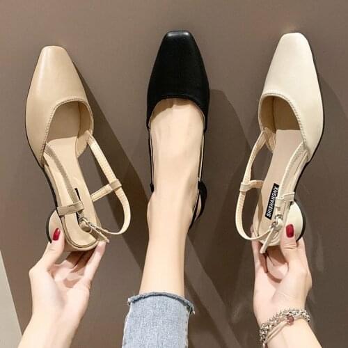 New Square Toe Women Sandals 2021 Summer Thick Heels Hollow Single Shoes Woman Buckle Strap Square Head Solid Leather Sandals