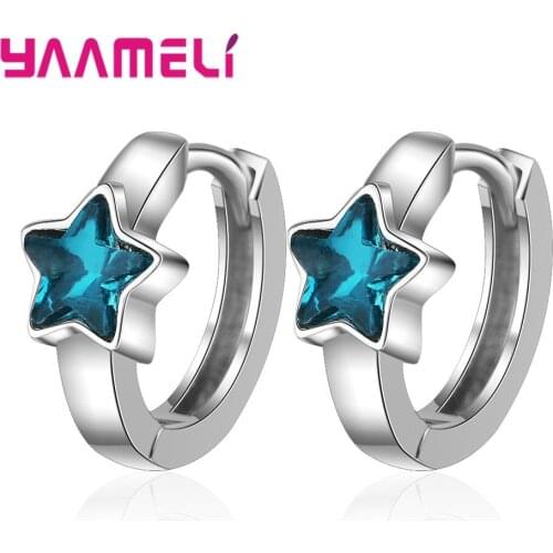 Fine 925 Sterling Silver Women Loop Earrings Popular Blue Austria Crystal Stones Star Pendientes Brincos Jewelry High Quality
