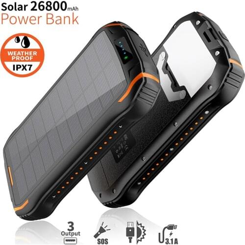 26800mAh Solar Power Bank For iPhone Samsung Xiaomi Powerbank Type C USB Portable Phone Charger Poverbank Flashlight for Camping