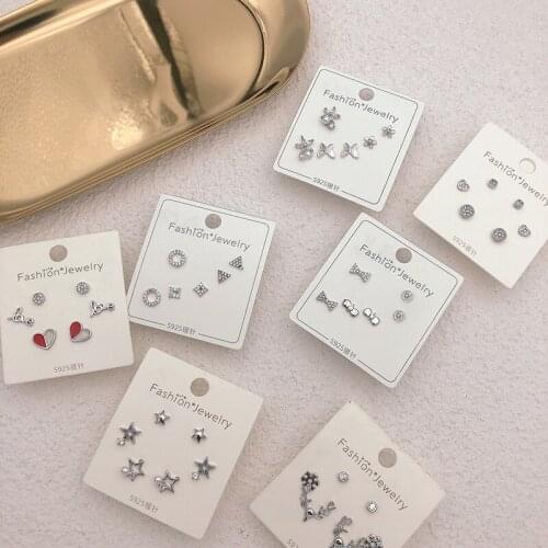 925 Sterling Silver Jewelry Crystal Small Charm Piercing Stud Earring Sets For Women Ear Studs Set S925 Holiday Gifts 3pair/Set