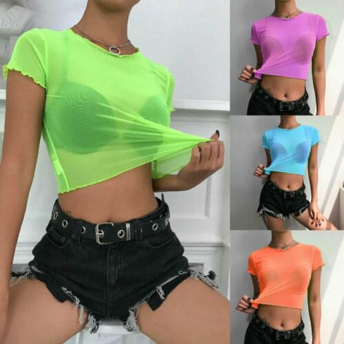 Woman T Shirts Shiny Mesh Sheer Sexy See Through Transparent Crop Top Fashion Slim Party Club Tee Tops
