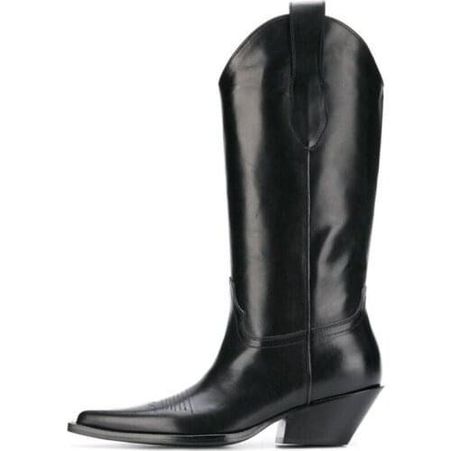 Botas Mujer runway shoes woman real leather knee high boots women western boats fashion pointed toe low heels cowboy boots women