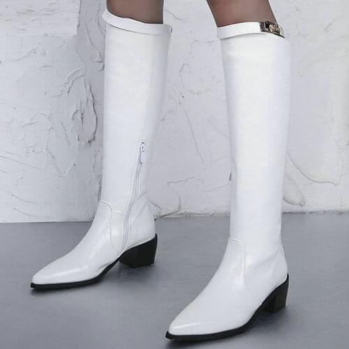 2021 Women Knee High Boots PU Leather Fashion Pointed Toe Square Heel Womens Boots Side Zipper Short Plush Winter Boots Black