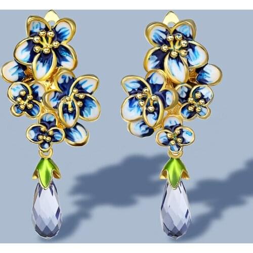 New Silver Earrings For Women 925 Sterling Silver Gold Color Exquisite Flowers Drop Earrings Fine Jewelry Handmade Enamel