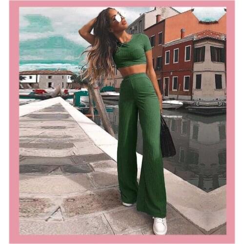 2020 Crop Top and Long Pants Tracksuit 2 Two Piece Set Women Ribbed O Neck Set Sexy Autumn Conjunto Feminino Womens Clothing