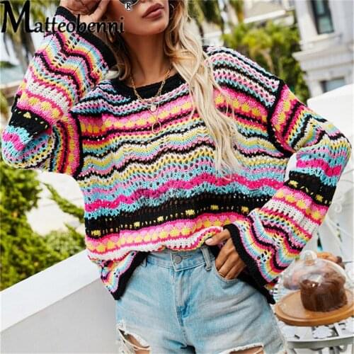 2021 Autumn Winter Women Patchwork loose Inter-Color Rainbow O Neck Striped Print Sweater Ladies Fashion Casual knitting Sweater