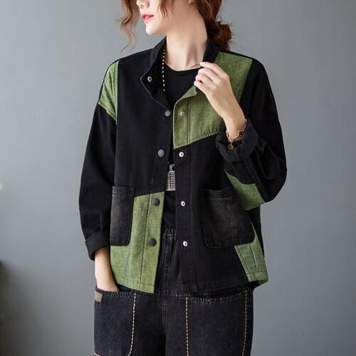 New Arrival Spring/autumn Women Loose Casual Turn-down Collar Long Sleeve Coat Single Breasted Patchwork Cotton Denim Coats W679