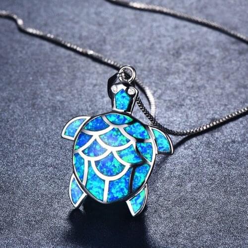 Buyee Real 925 Sterling Silver Female Necklaces Charming Natural Opal Sea Turtle Necklace for Women Fashion Cute Animals Jewelry