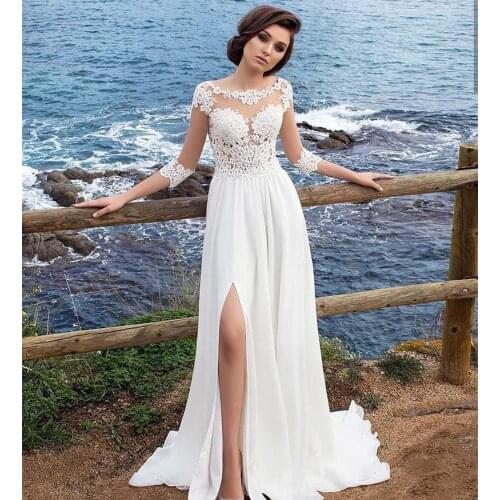 Boho Wedding Dress 2020 A-Line Half Sleeve Floor Length Side Slit Chiffon Court Train Women Bridal Gowns Simple Lace Appliques