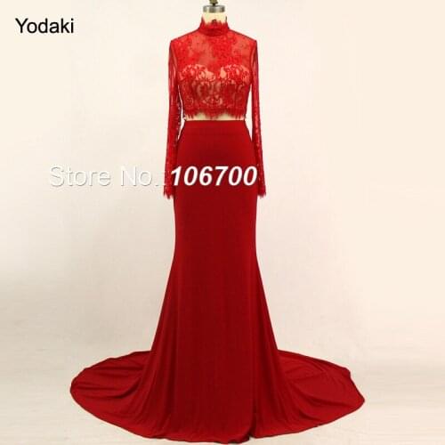 Sexy 2 Pieces Mermaid Prom Dresses Lace with Rhinestones High Neck Backless Sheer Illusion Long Sleeves Pageant Evening Gowns
