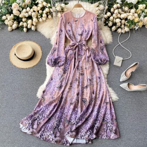 FTLZZ New Spring Autumn Vintage Women O-neck Puff Sleeve Butterfly Floral Print Dress Casual Loose Sash Tie Up Purple Dress