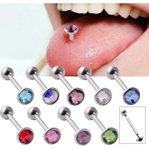 1Pc Flat CZ Gem Tongue Barbell Ring Piercing With Screw Fit Internally Thread Straight Nipple Barbells Earrings PIercing Jewelry