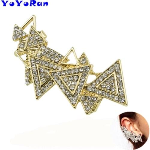 1 Piece Punk full rhinestone triangles ear cuff clip earrings woman gold crystal Geometric triangle ear cuffs earring jewelry