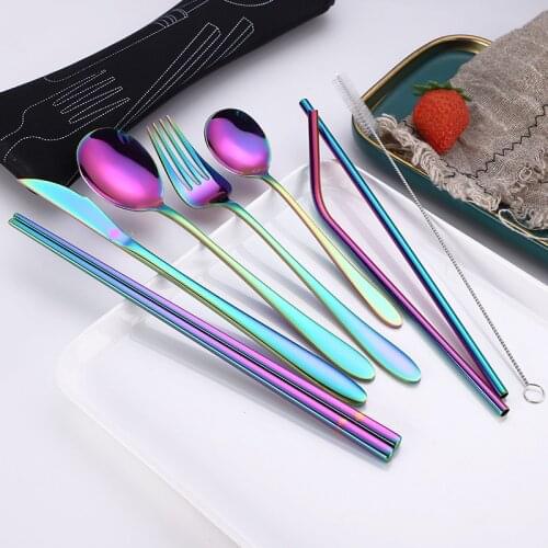 8PC Dinnerware Set Travel Camping Cutlery Set Reusable Silverware with Metal Straw Spoon Fork Chopsticks and Portable Case