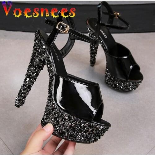 Summer Bling Chunky Heel Women Shoes Patent Leather Buckle Strap Sexy Sandals Temperament High Heels Peep Toe Moden Women Shoes