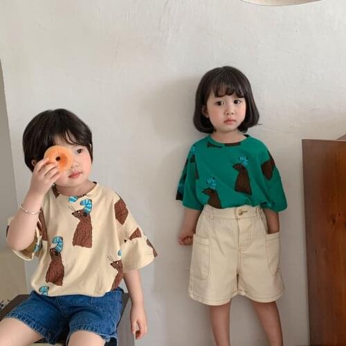 Kids Korean Style T Shirts 2021 Summer Baby Animal Print Cute T-shirts for Boys Girls Toddler Clothes Child Cotton Casual Tops