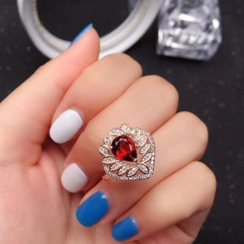 Design Style Silver Gemstone Ring for Party 6mm*8mm Natural Garnet Ring Solid 925 Silver Garnet Jewelry