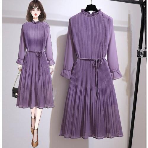 EHQAXIN Plus Size Women Elegant Purple Chiffon Dresses Summer 2021 Fashion Stand Collar Long Sleeve Loose Ladies Pleated Dress