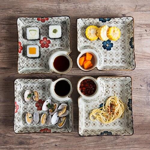 Porcelain Divided Serving Dishes Platter, Square Flower Serving Plate with Sauce Cup for Chips and Dip, Dumplings, Sushi, Snack